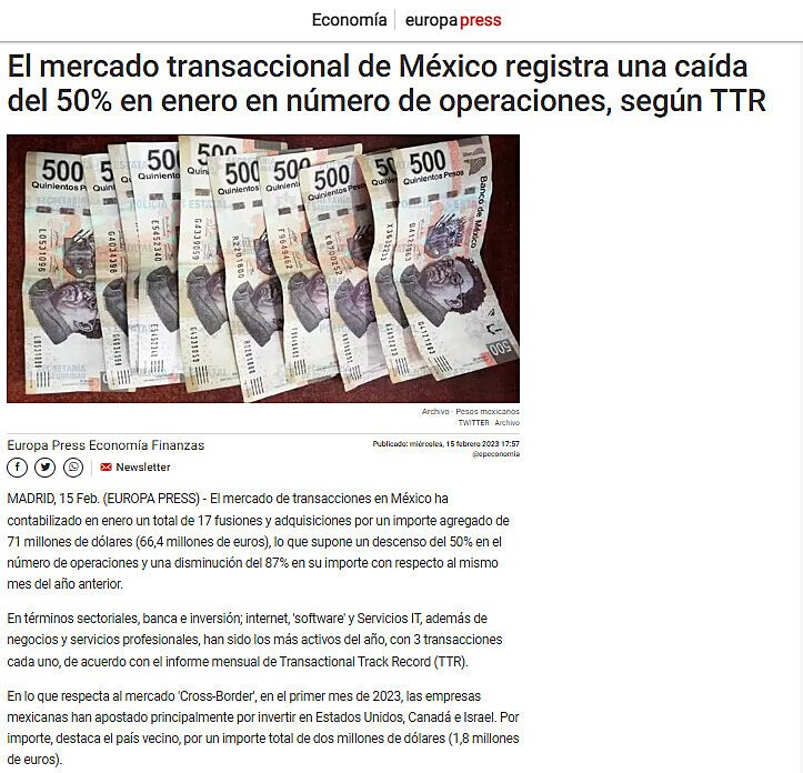 El mercado transaccional de Mxico registra una cada del 50% en enero en nmero de operaciones, segn TTR